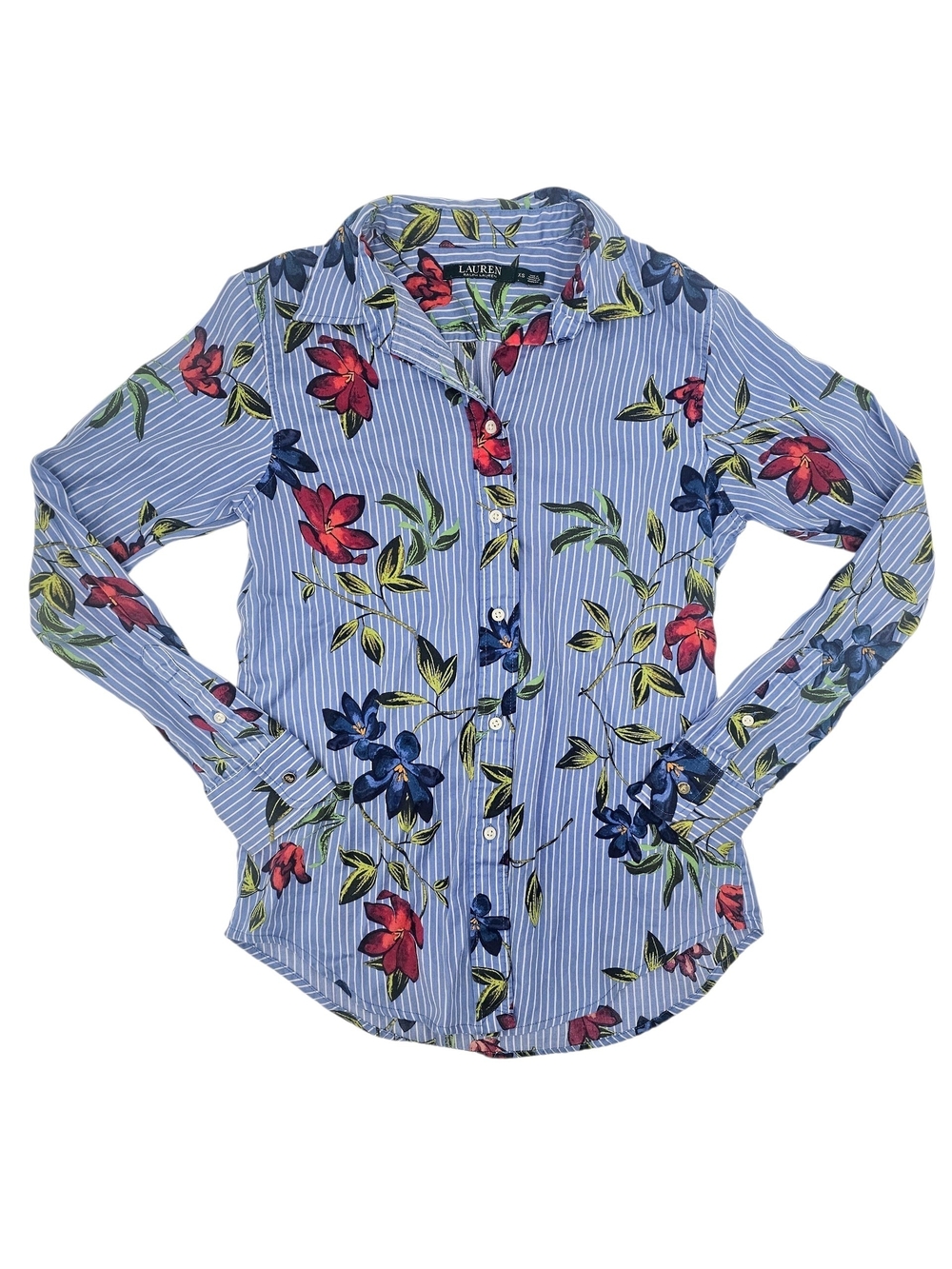 Lauren Ralph Lauren Floral Stripe Button Down Shirt XS Blue 100% Cotton Fitted